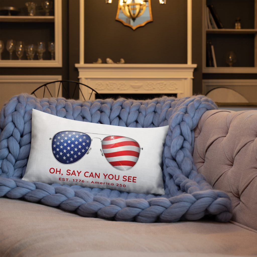 Oh Say Can You See – White Patriotic Premium Pillow (20″ x 12″)