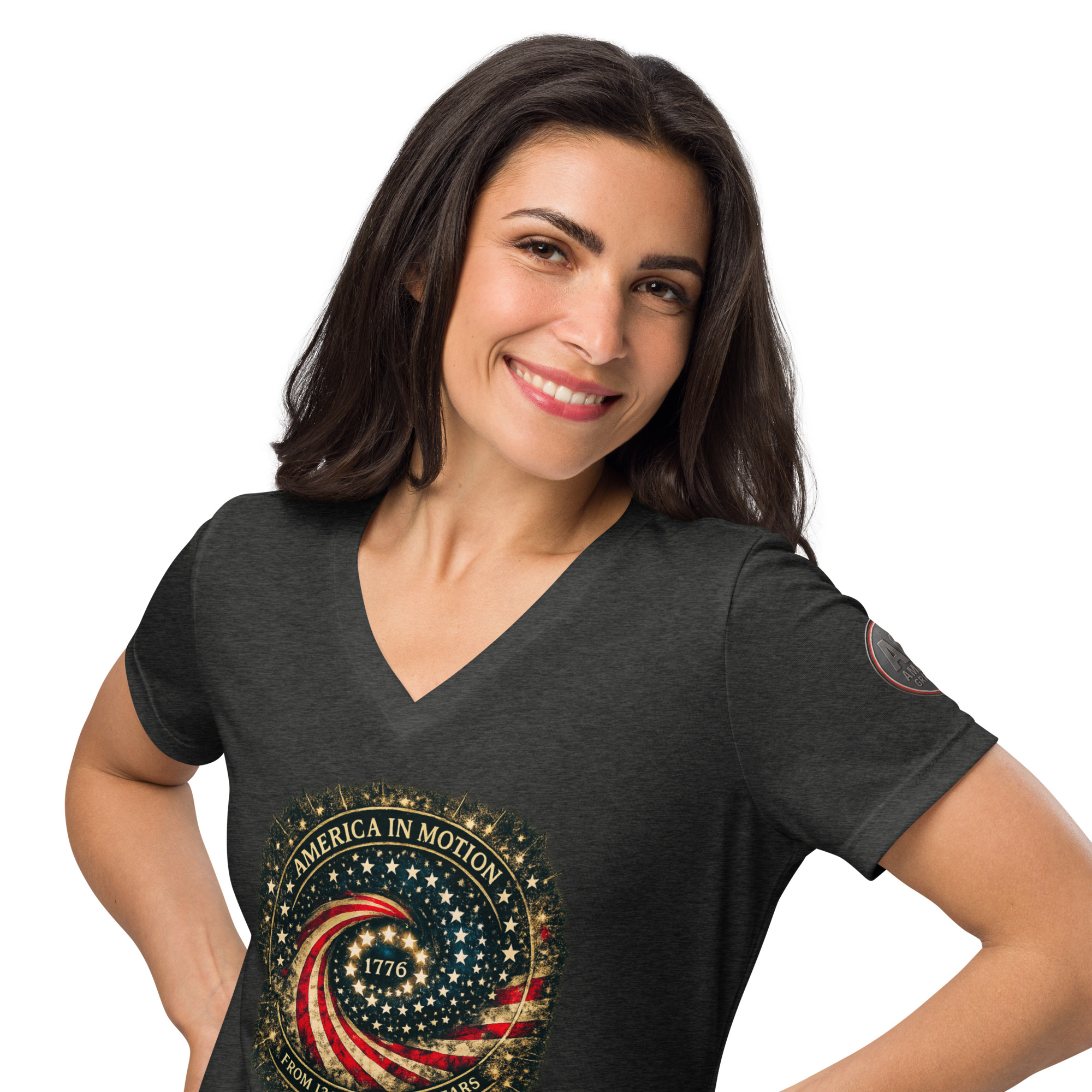 America in Motion 250 Women's Patriotic V-Neck | AGG - Image 19