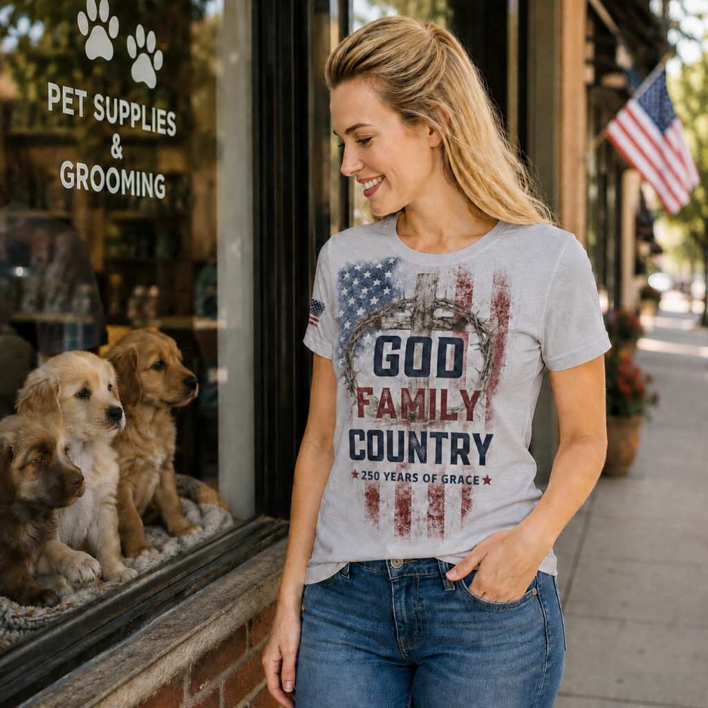 God Family Country Women’s Silver Patriotic Tee | Faith Grit Grace Shirt | American Grit & Gear