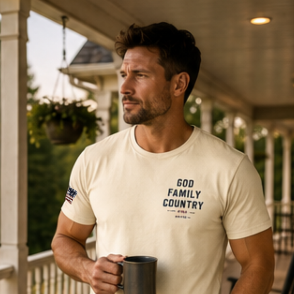 God Family Country Men’s AOP Tee – Apricot White | Faith Raised on Grit Shirt