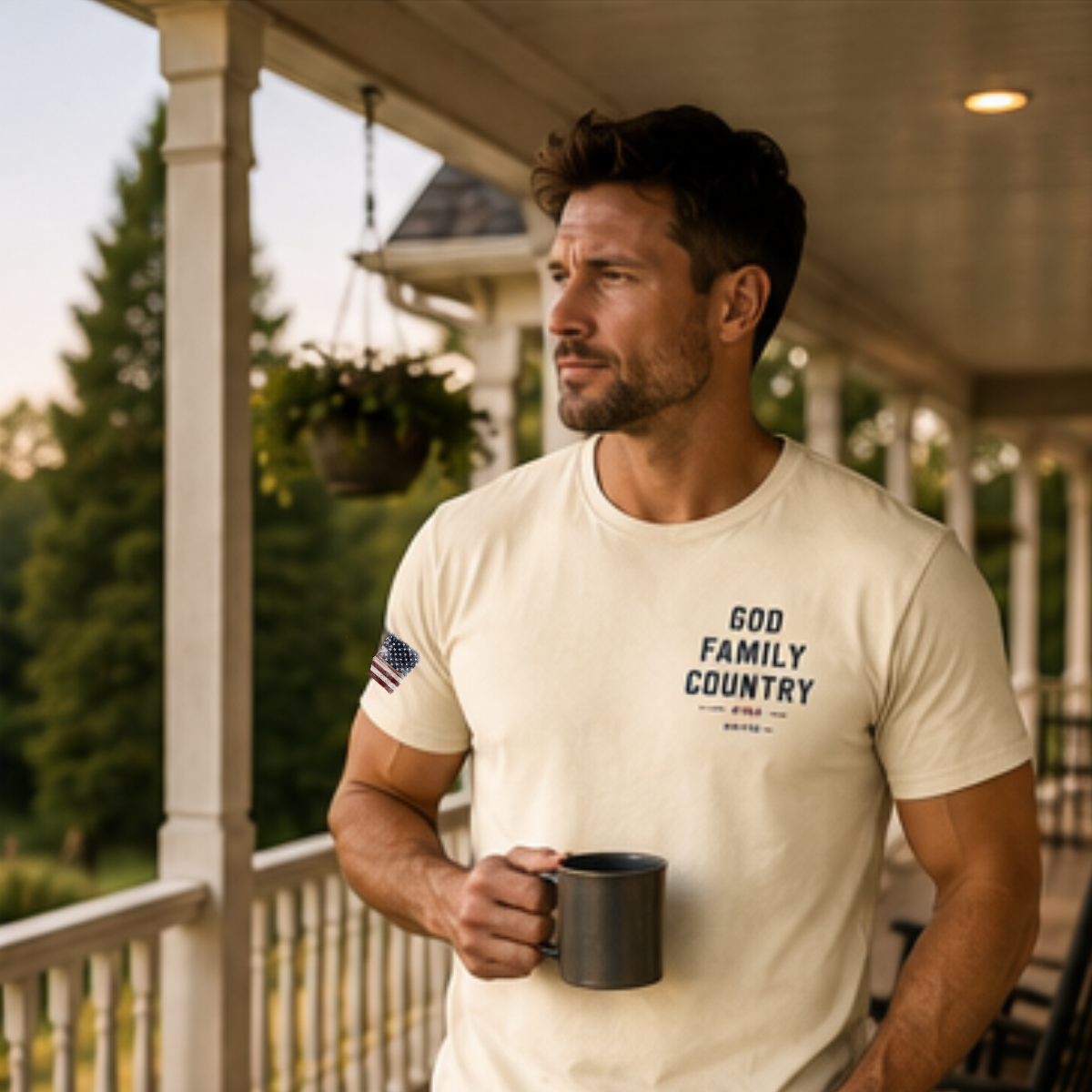 God Family Country Men’s AOP Tee – Apricot White | Faith Raised on Grit Shirt - Image 7