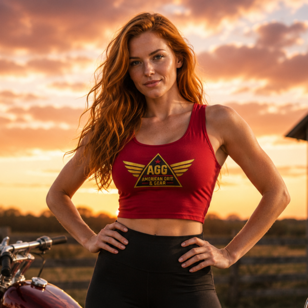 ’Merica Rides Women’s Crop Top – Winged Logo Patriotic Red - AGG