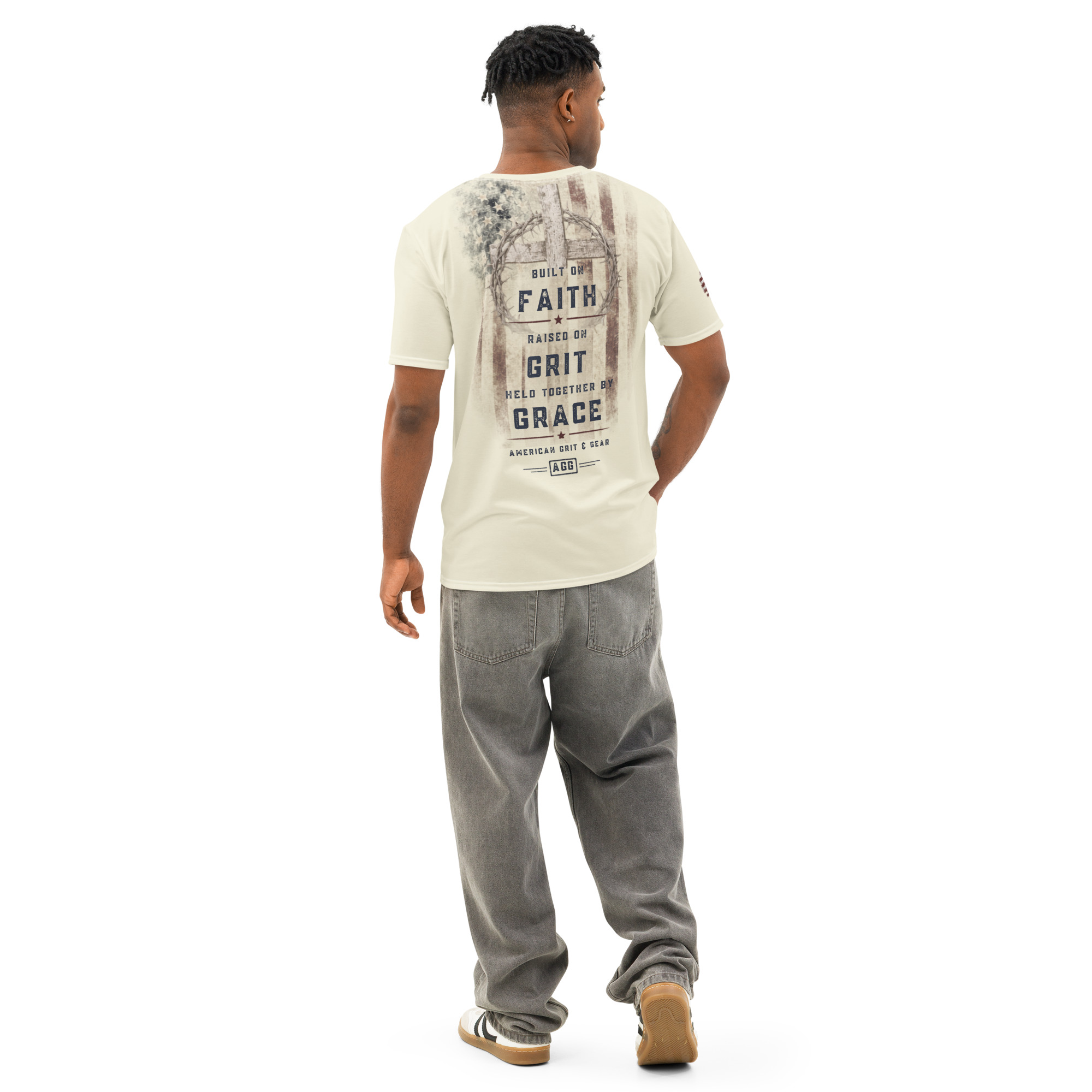 God Family Country Men’s AOP Tee – Apricot White | Faith Raised on Grit Shirt - Image 9