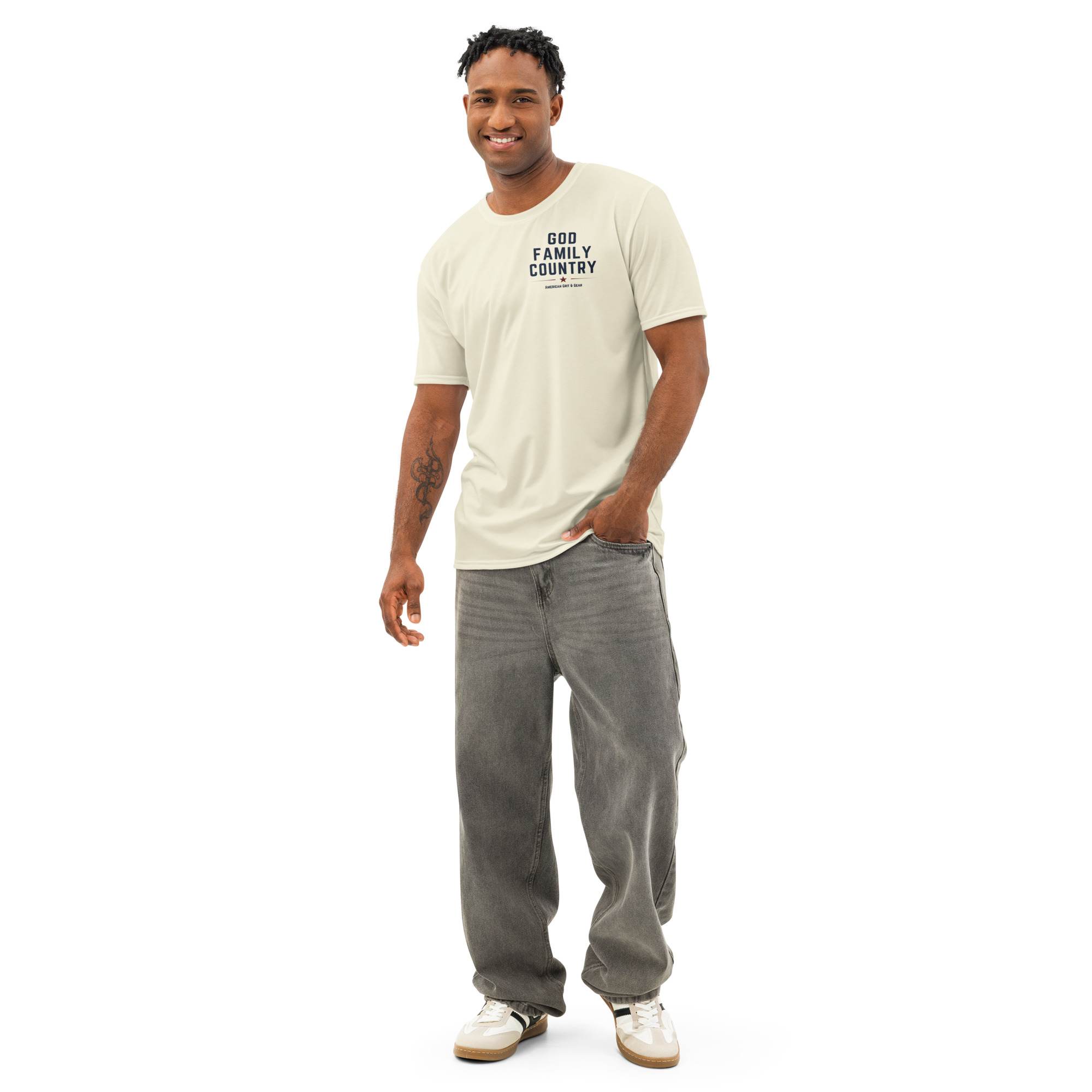 God Family Country Men’s AOP Tee – Apricot White | Faith Raised on Grit Shirt - Image 10
