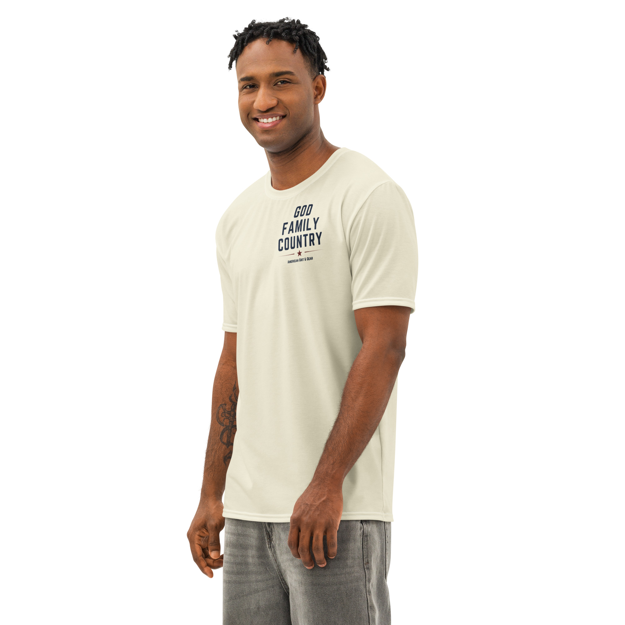 God Family Country Men’s AOP Tee – Apricot White | Faith Raised on Grit Shirt - Image 11