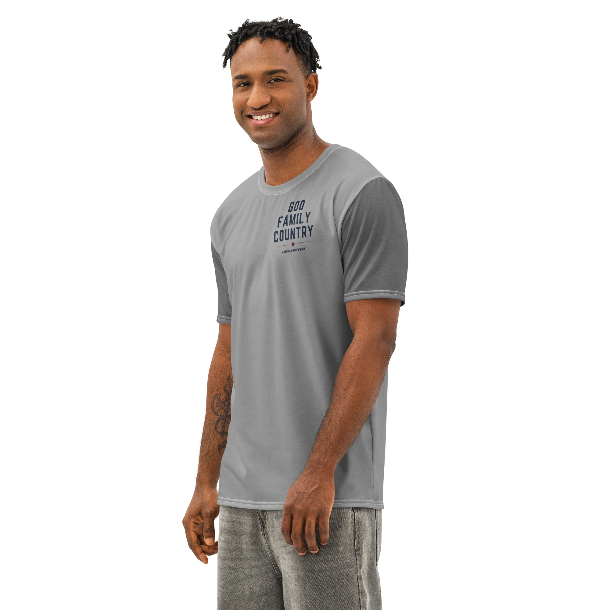 God Family Country Men’s AOP Tee | Faith Raised on Grit Shirt | American Grit & Gear - Image 12