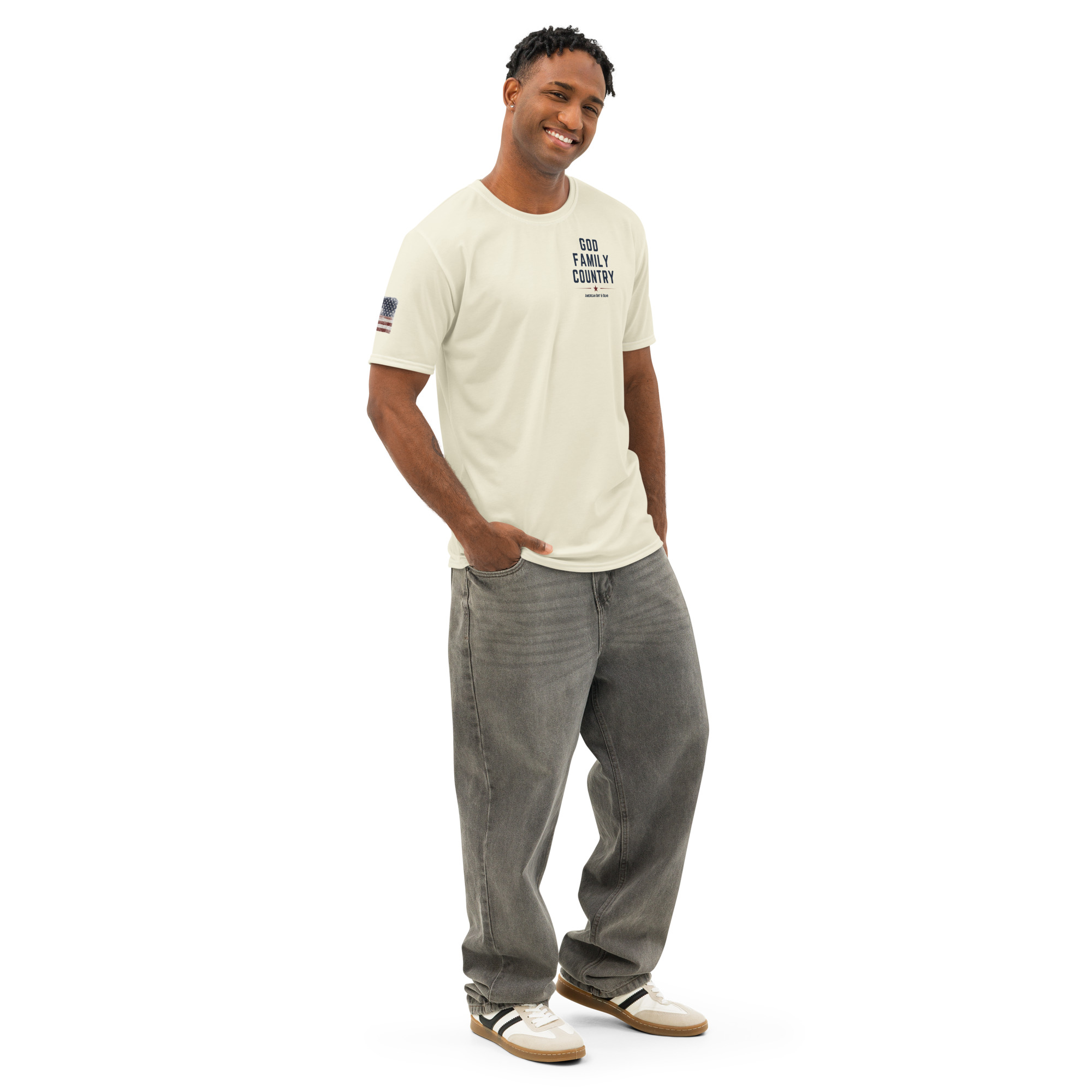 God Family Country Men’s AOP Tee – Apricot White | Faith Raised on Grit Shirt - Image 8