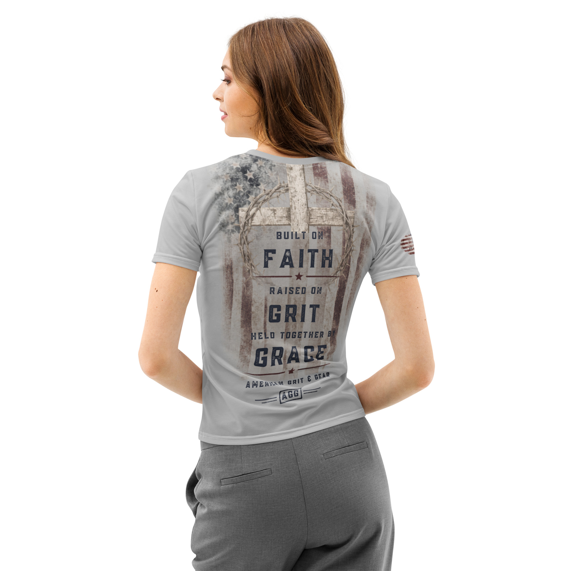 God Family Country Women’s Silver Patriotic Tee | Faith Grit Grace Shirt | American Grit & Gear - Image 7