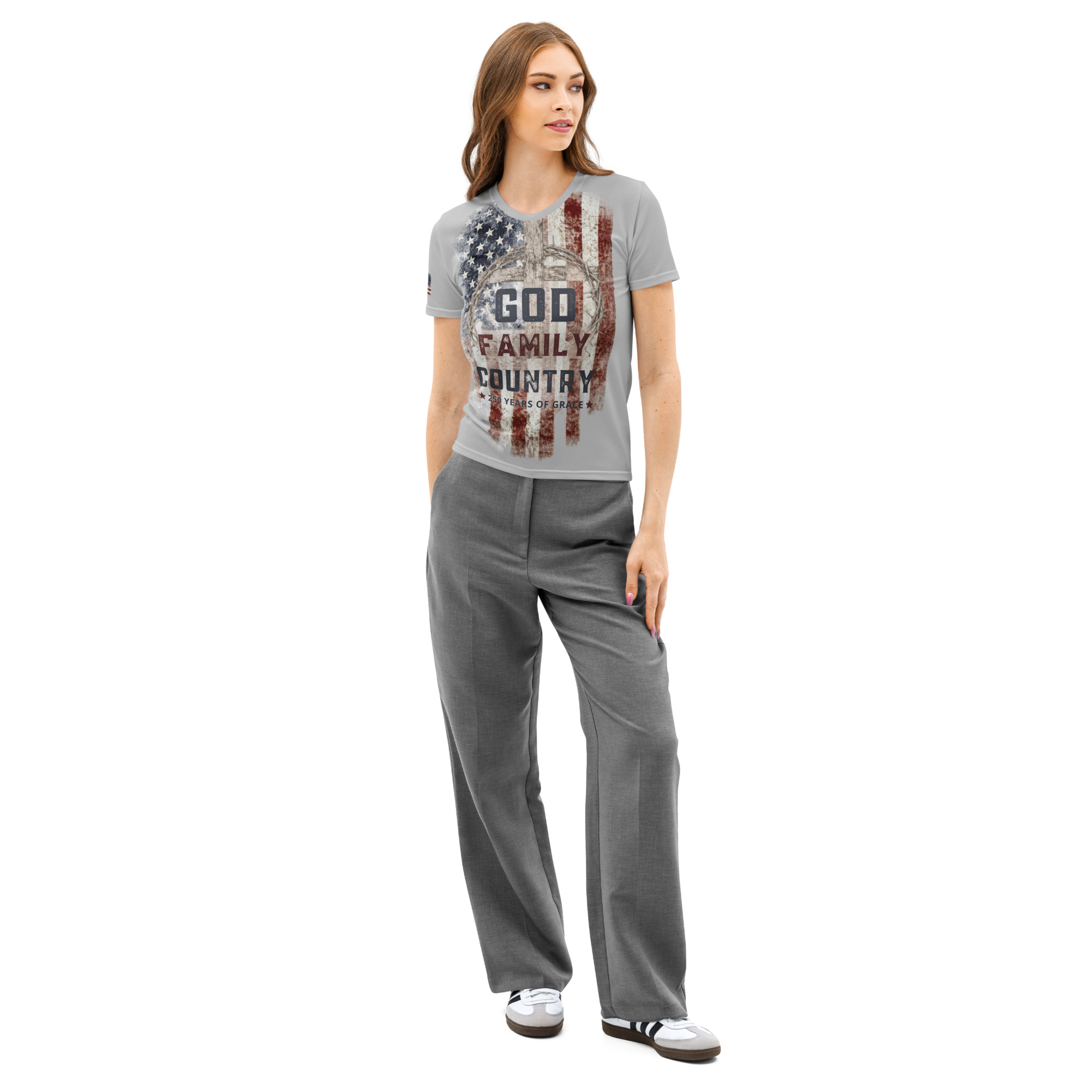 God Family Country Women’s Silver Patriotic Tee | Faith Grit Grace Shirt | American Grit & Gear - Image 8