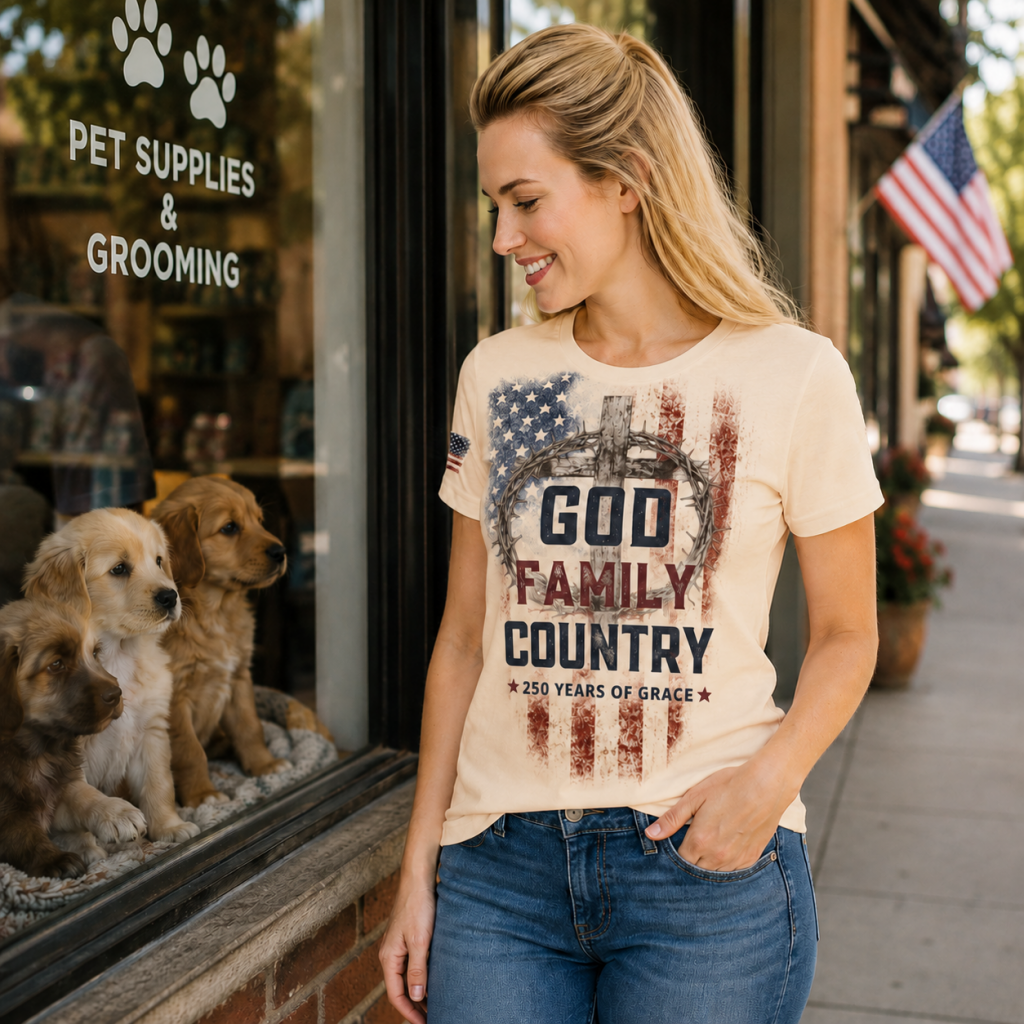God Family Country Women’s Papaya Whip Patriotic Tee | Faith Grit Grace Shirt | American Grit & Gear