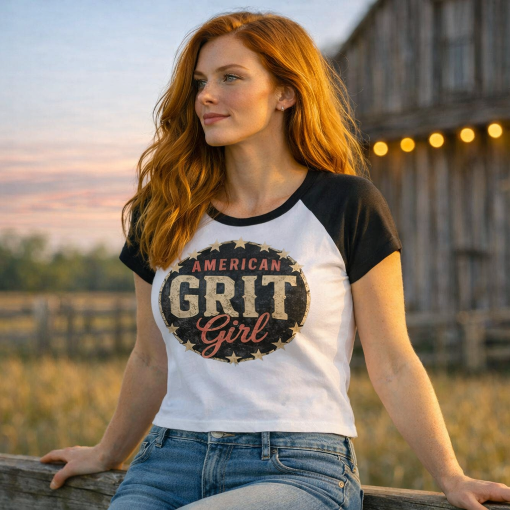 American Grit Girl Raglan Baby Tee | Women’s Fitted Patriotic T-Shirt | American Grit & Gear - Image 3