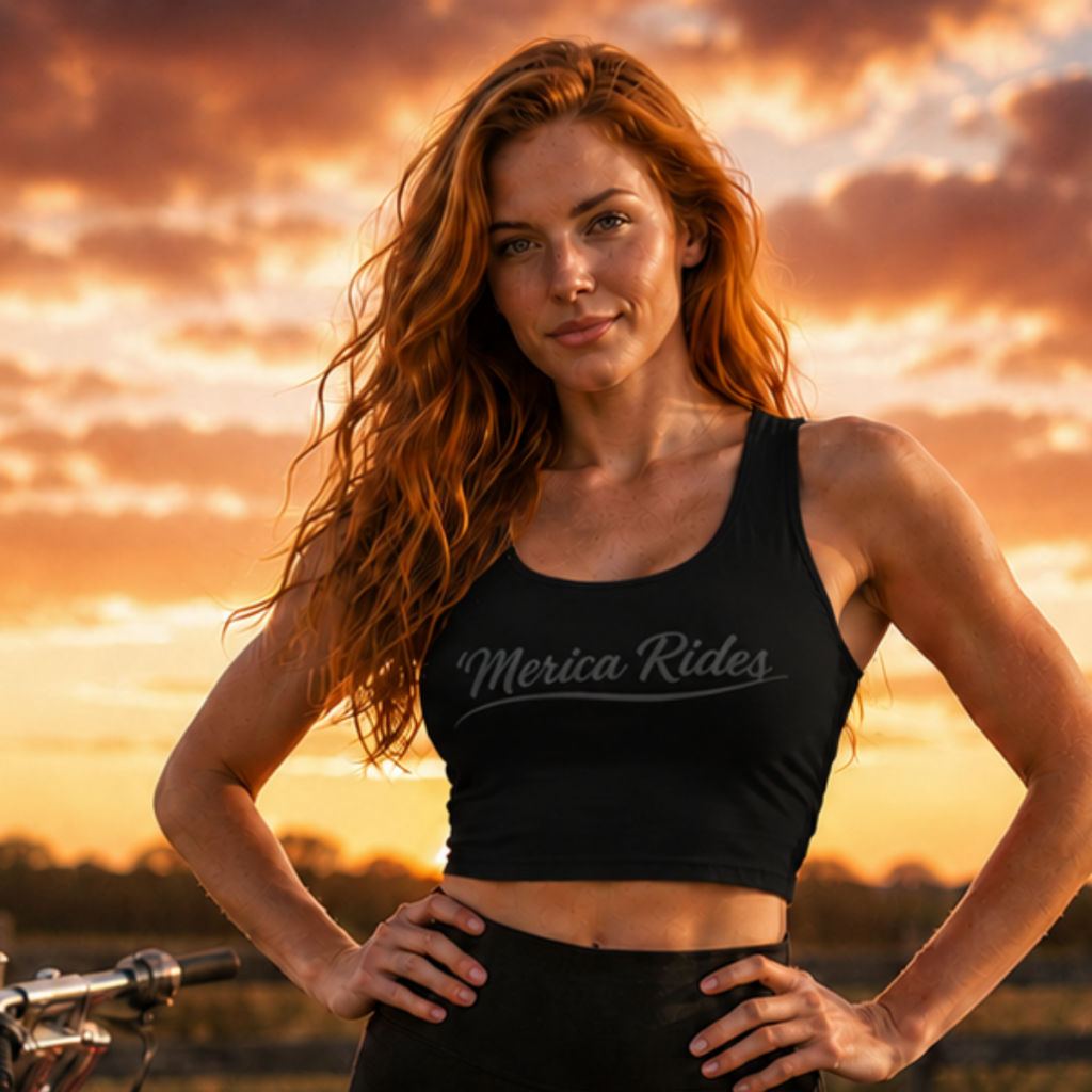 ’Merica Rides Women’s Crop Top – Patriotic Black Festival Tank - AGG
