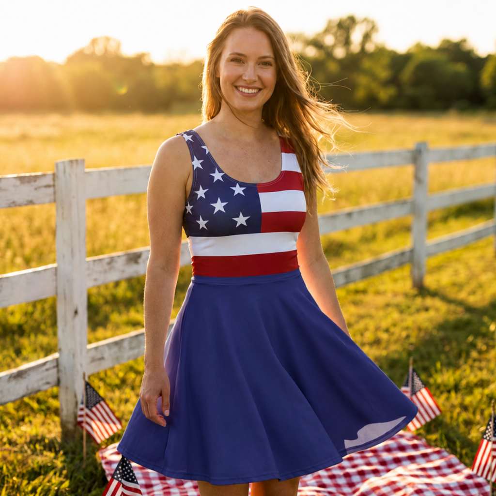 Stars & Stripes Skater Dress – Patriotic Summer Dress - Blue Skirt